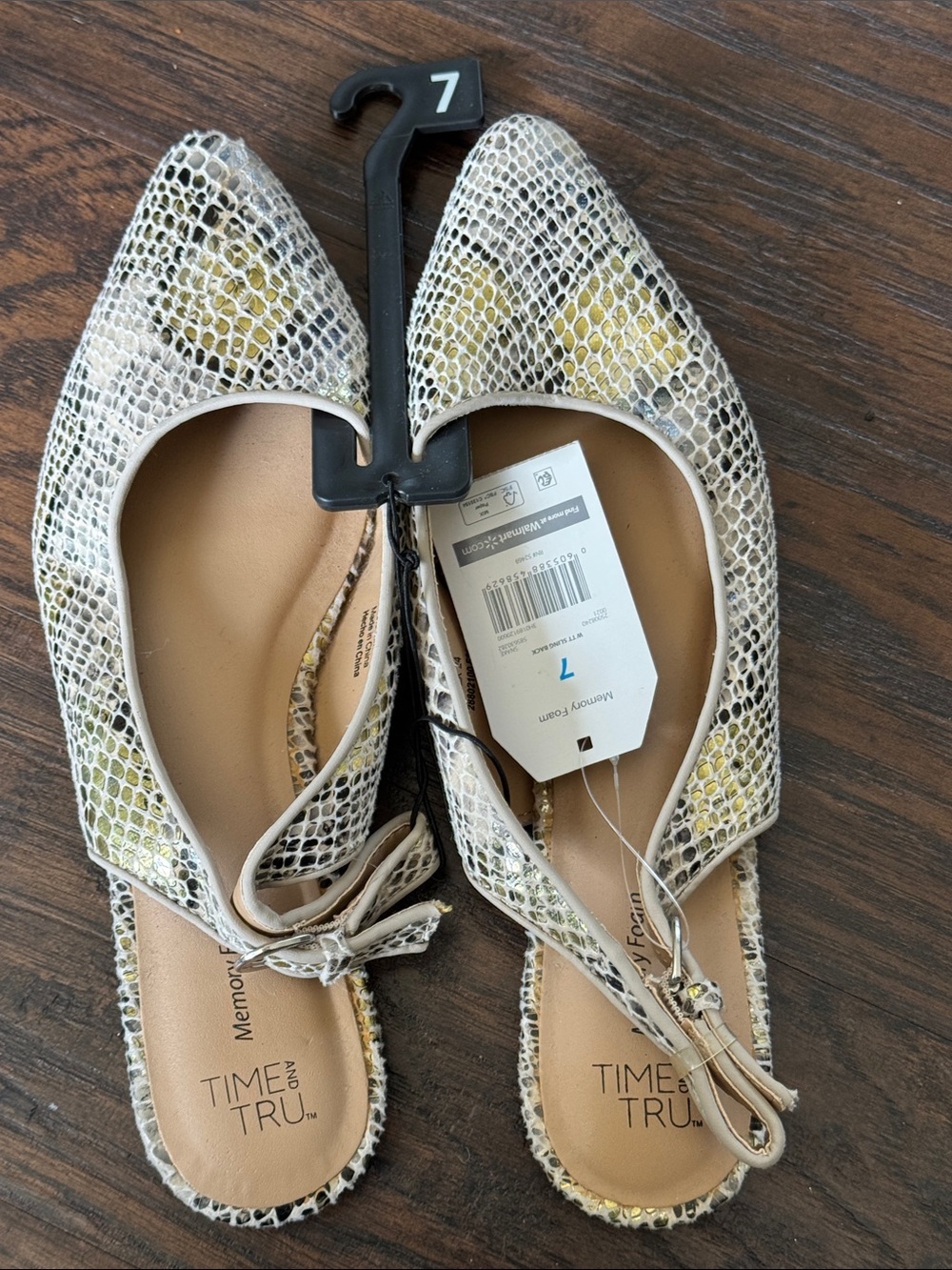 Time and Tru Yellow and Beige Snake-Print Slingback Flats